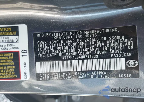 2017 Toyota Avalon Limited z USA, uszkodzony, nr VIN 4T1BK1EB4HU244639